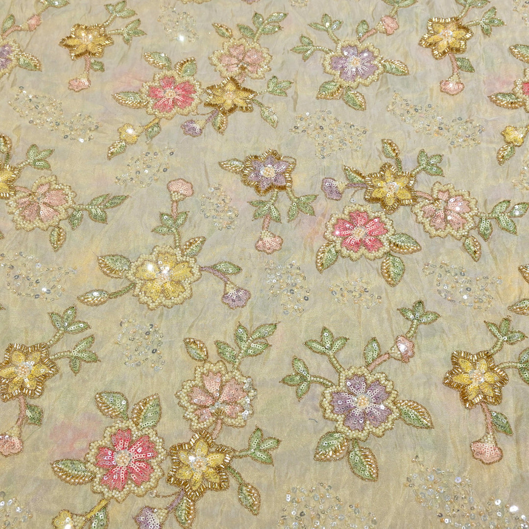 Dyeable Tissue Hand Embroidered Fabric with Pearl & Sequins Work VI389C