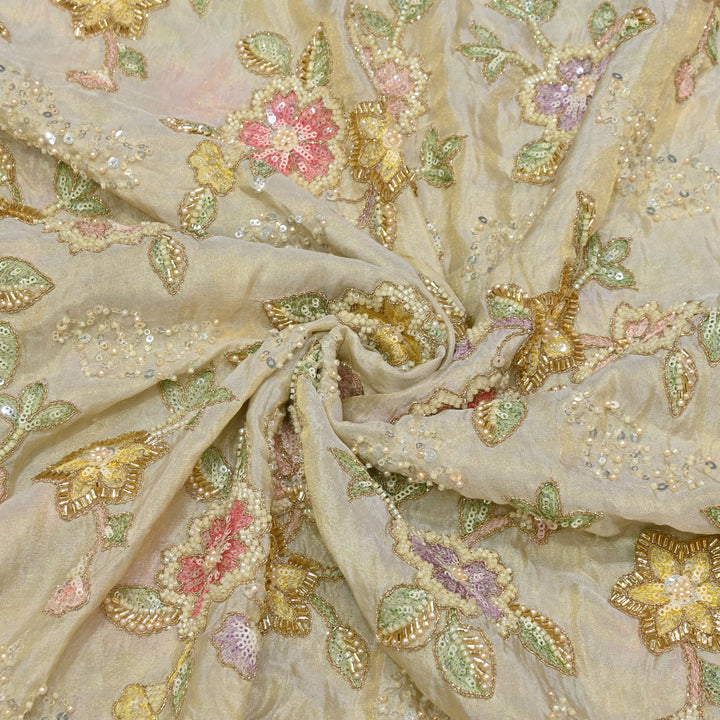 Dyeable Tissue Hand Embroidered Fabric with Pearl & Sequins Work VI389C