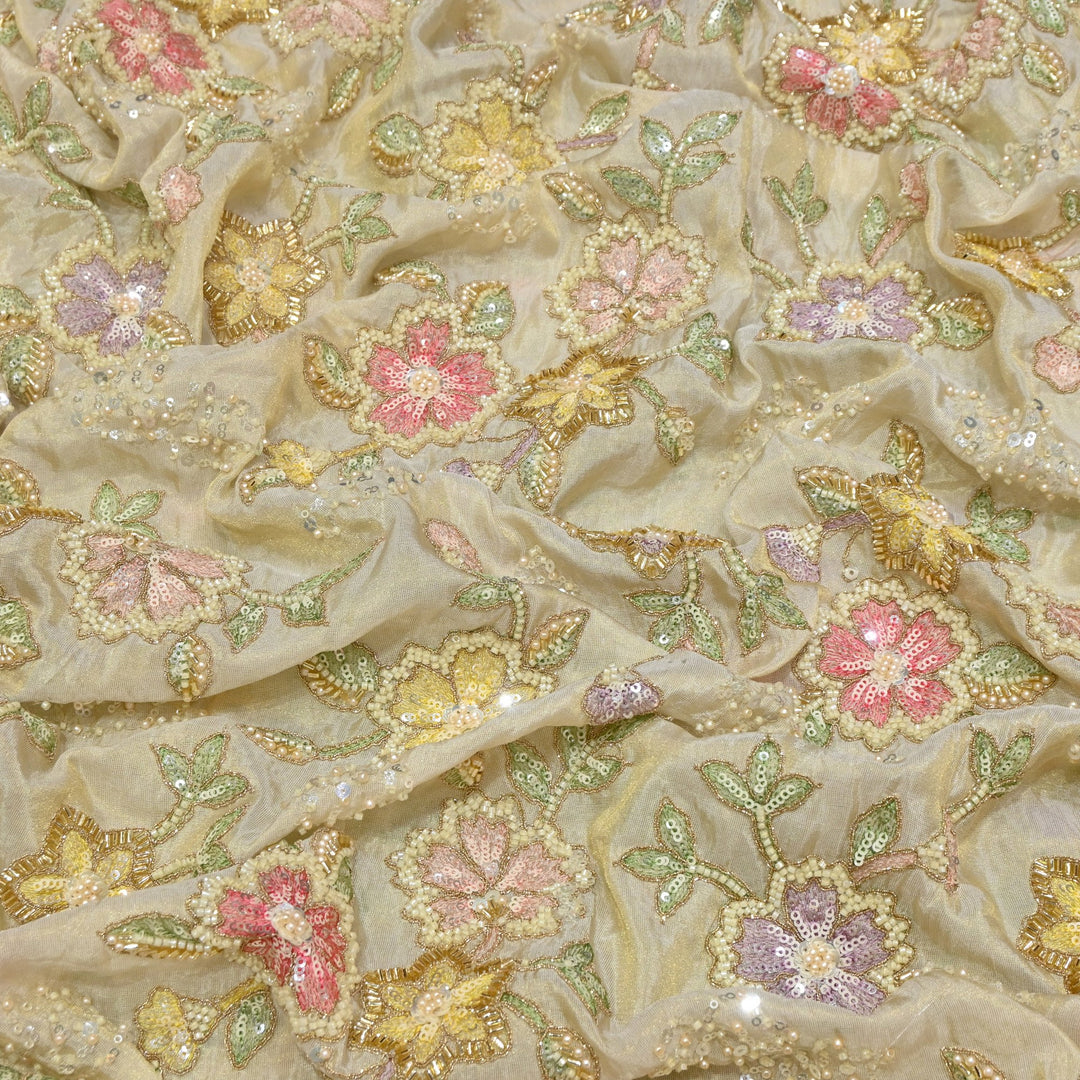 Dyeable Tissue Hand Embroidered Fabric with Pearl & Sequins Work VI389C