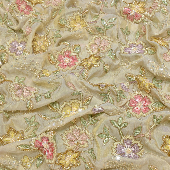 Dyeable Tissue Hand Embroidered Fabric with Pearl & Sequins Work VI389C