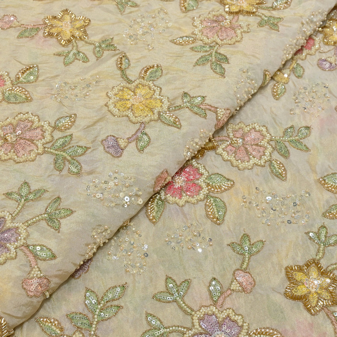 Dyeable Tissue Hand Embroidered Fabric with Pearl & Sequins Work VI389C