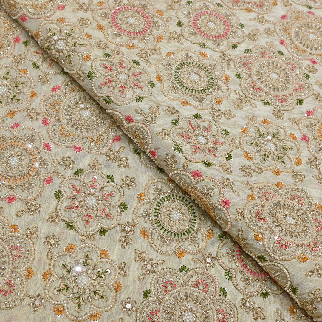 Dyeable Tissue Hand Embroidered Fabric with Pearl & Sequins Work VI851C