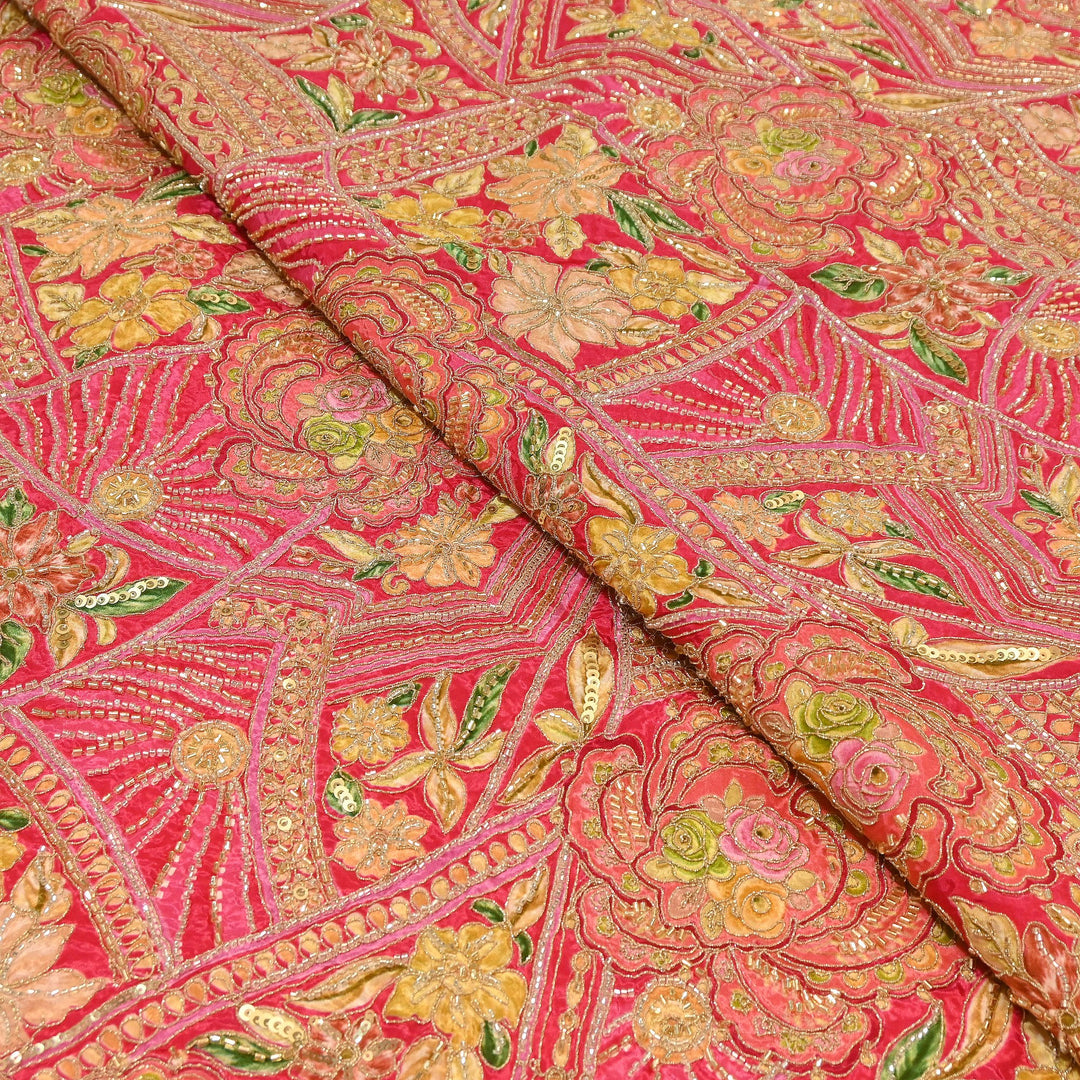 Premium Dyed Crepe Position Print Moti & Sequins Embroidery Fabric | Luxury Designer Ethnic Fabric| VI3547C-3