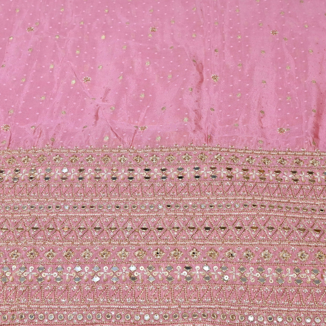 Powder Pink Color Tissue Jacquard Moti & Mirror Work Border Designer Fabric K40006-2