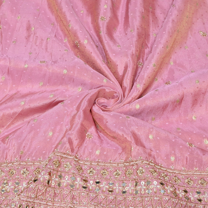 Powder Pink Color Tissue Jacquard Moti & Mirror Work Border Designer Fabric K40006-2