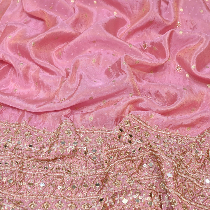 Powder Pink Color Tissue Jacquard Moti & Mirror Work Border Designer Fabric K40006-2