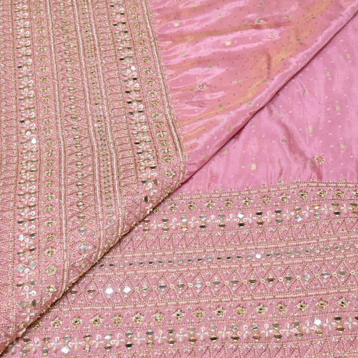 Powder Pink Color Tissue Jacquard Moti & Mirror Work Border Designer Fabric K40006-2