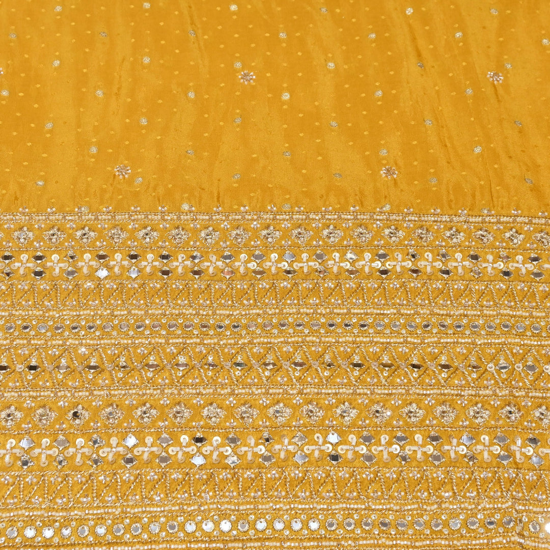 Yellow Tissue Jacquard Moti & Mirror Work Border Designer Fabric K40006-3
