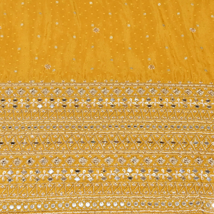 Yellow Tissue Jacquard Moti & Mirror Work Border Designer Fabric K40006-3