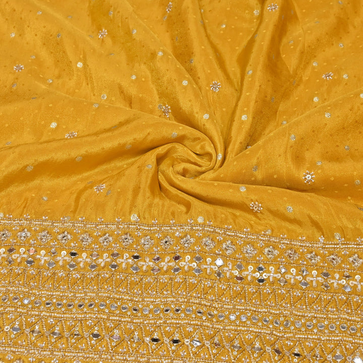 Yellow Tissue Jacquard Moti & Mirror Work Border Designer Fabric K40006-3