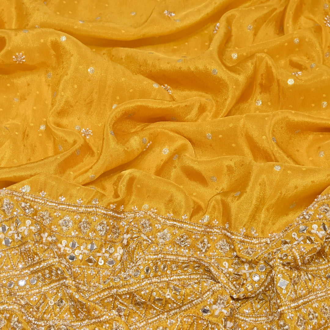Yellow Tissue Jacquard Moti & Mirror Work Border Designer Fabric K40006-3
