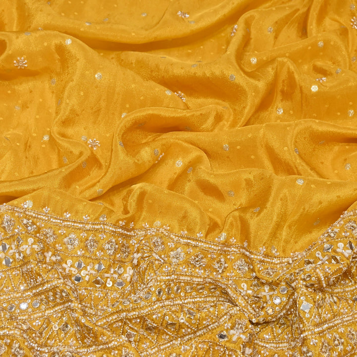 Yellow Tissue Jacquard Moti & Mirror Work Border Designer Fabric K40006-3