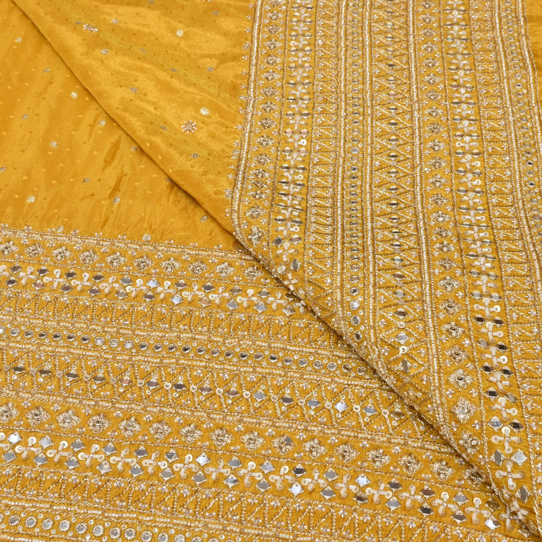 Yellow Tissue Jacquard Moti & Mirror Work Border Designer Fabric K40006-3
