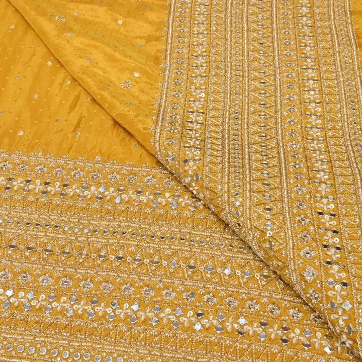 Yellow Tissue Jacquard Moti & Mirror Work Border Designer Fabric K40006-3