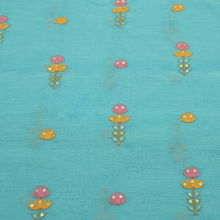 Sky blue mul chanderi Embroidered Floral Buti Fabric.