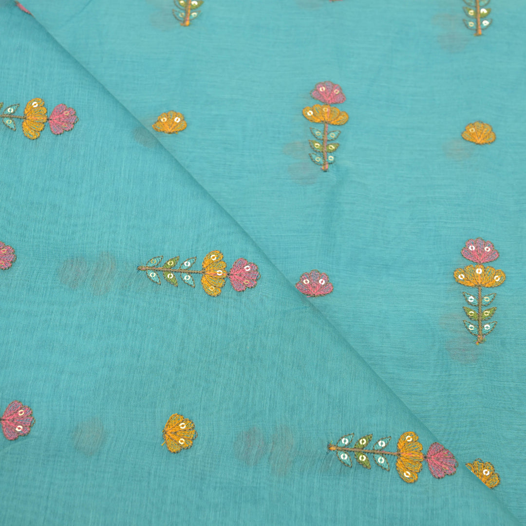 Sky blue mul chanderi Embroidered Floral Buti Fabric.