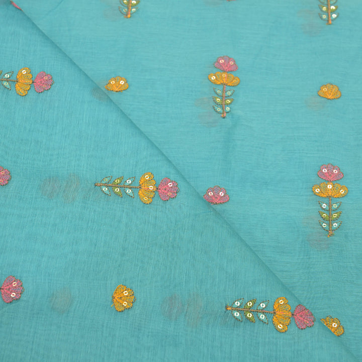 Sky blue mul chanderi Embroidered Floral Buti Fabric.