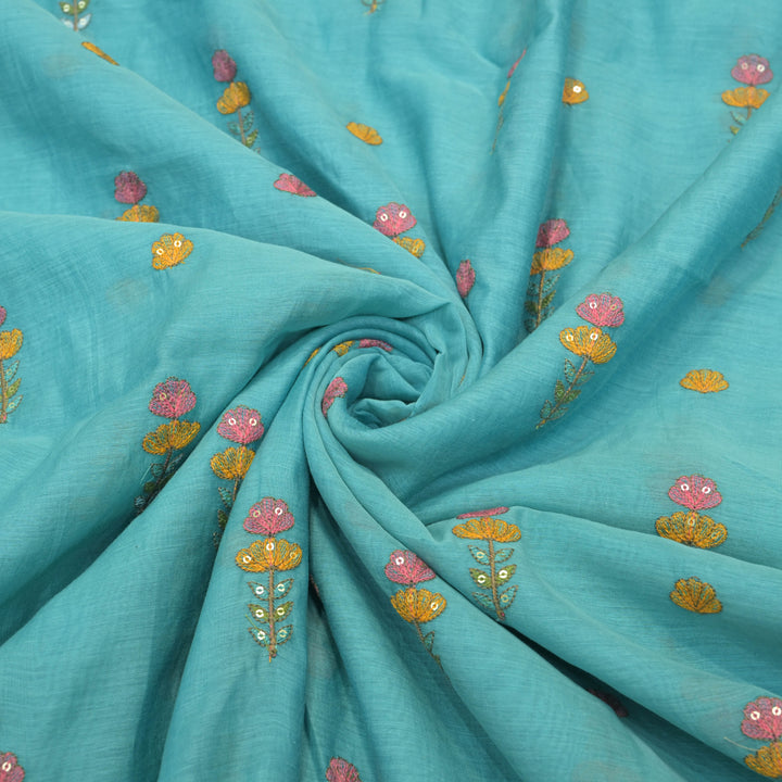 Sky blue mul chanderi Embroidered Floral Buti Fabric.