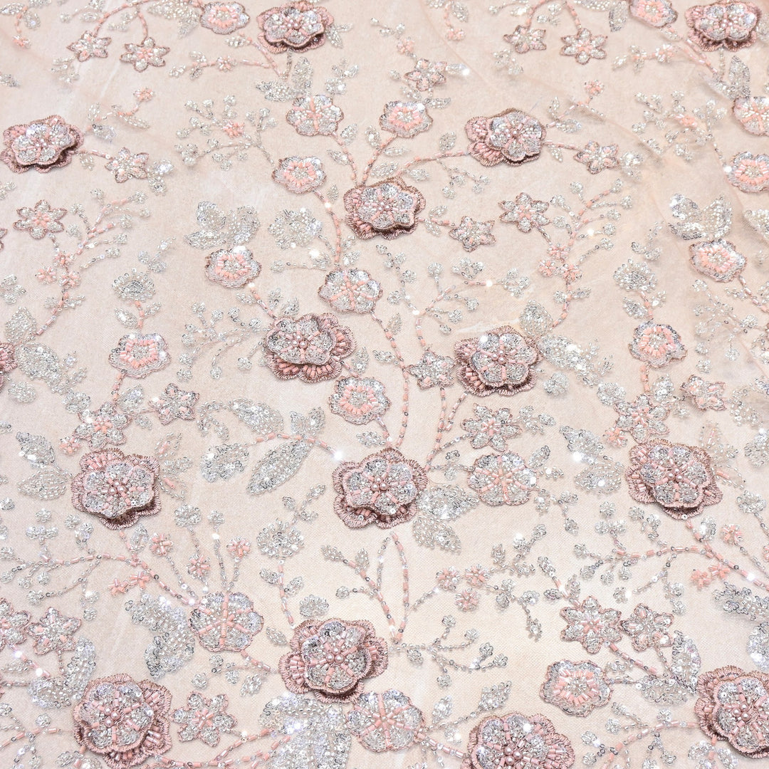 Imported Net Embroidery Fabric with 3D Floral Embroidery with Sequins, Beads, Cutdana & Pearl Detailing 60" | AF6901-01