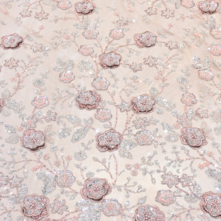 Imported Net Embroidery Fabric with 3D Floral Embroidery with Sequins, Beads, Cutdana & Pearl Detailing 60" | AF6901-01