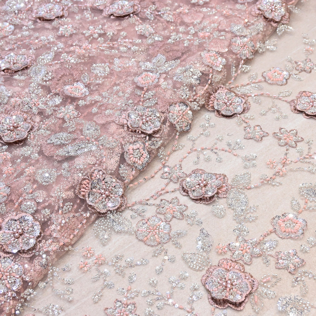Imported Net Embroidery Fabric with 3D Floral Embroidery with Sequins, Beads, Cutdana & Pearl Detailing 60" | AF6901-01