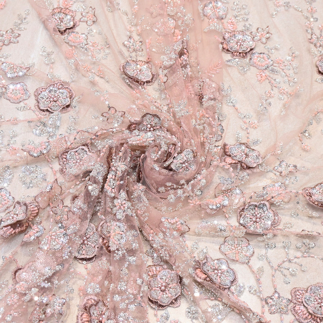 Imported Net Embroidery Fabric with 3D Floral Embroidery with Sequins, Beads, Cutdana & Pearl Detailing 60" | AF6901-01