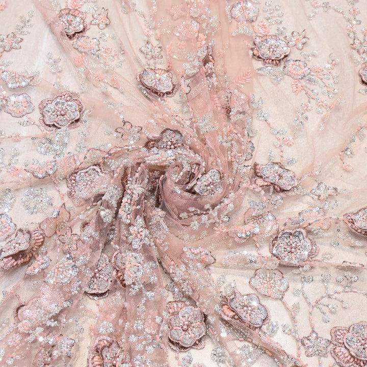 Imported Net Embroidery Fabric with 3D Floral Embroidery with Sequins, Beads, Cutdana & Pearl Detailing 60" | AF6901-01