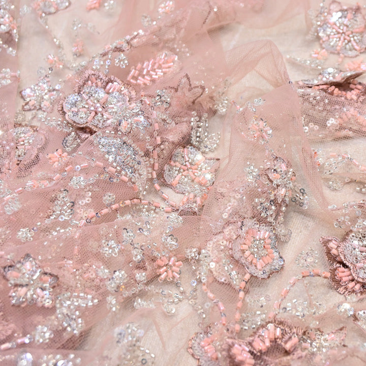 Imported Net Embroidery Fabric with 3D Floral Embroidery with Sequins, Beads, Cutdana & Pearl Detailing 60" | AF6901-01