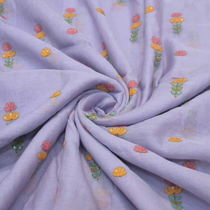 Soft Lavender mul chanderi Embroidered Floral Buti Fabric.