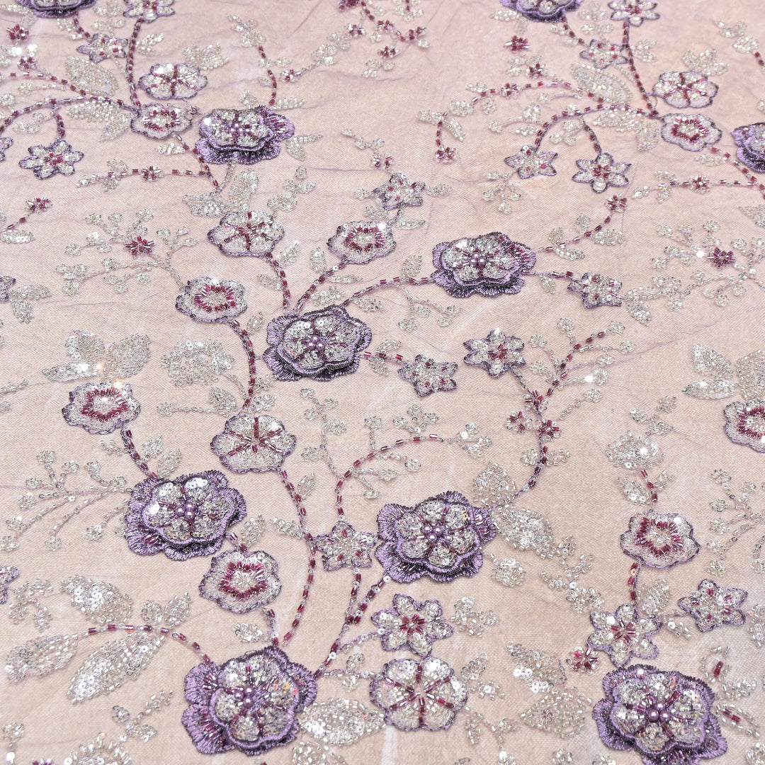 Imported Net Embroidery Fabric with 3D Floral Embroidery with Sequins, Beads, Cutdana & Pearl Detailing 60" | AF6901-02