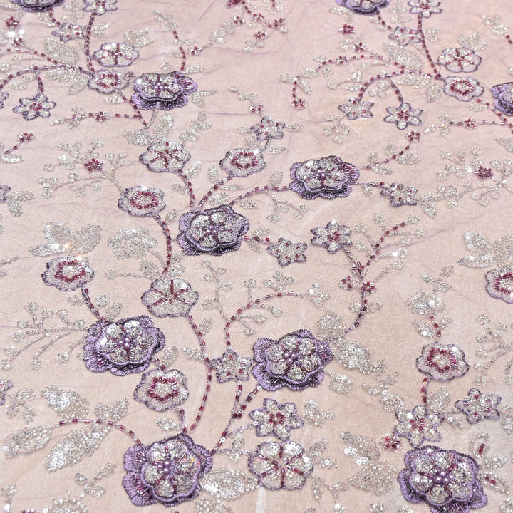 Imported Net Embroidery Fabric with 3D Floral Embroidery with Sequins, Beads, Cutdana & Pearl Detailing 60" | AF6901-02