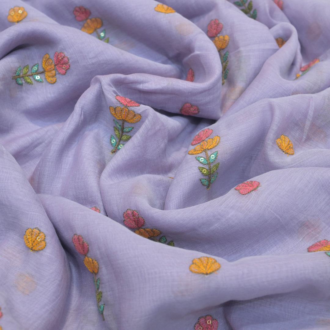 Soft Lavender mul chanderi Embroidered Floral Buti Fabric.