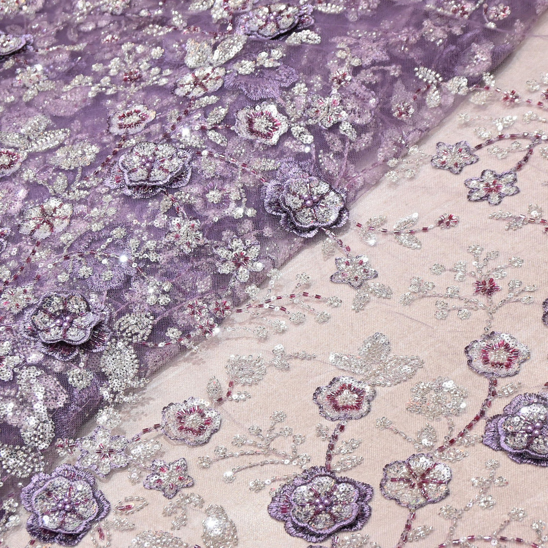 Imported Net Embroidery Fabric with 3D Floral Embroidery with Sequins, Beads, Cutdana & Pearl Detailing 60" | AF6901-02