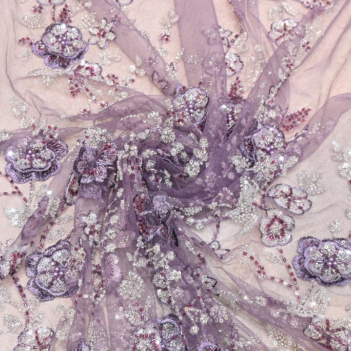 Imported Net Embroidery Fabric with 3D Floral Embroidery with Sequins, Beads, Cutdana & Pearl Detailing 60" | AF6901-02