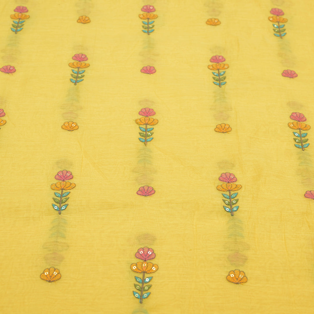 Mustard Yellow mul chanderi Embroidered Floral Buti Fabric.