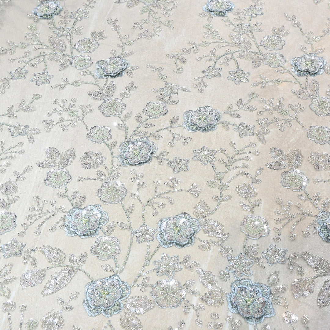 Imported Net Embroidery Fabric with 3D Floral Embroidery with Sequins, Beads, Cutdana & Pearl Detailing 60" | AF6901-03