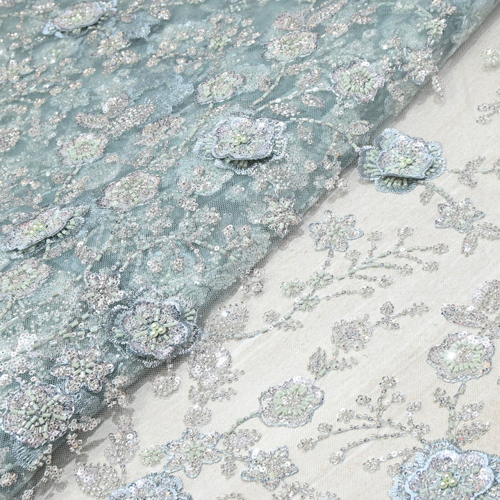 Imported Net Embroidery Fabric with 3D Floral Embroidery with Sequins, Beads, Cutdana & Pearl Detailing 60" | AF6901-03