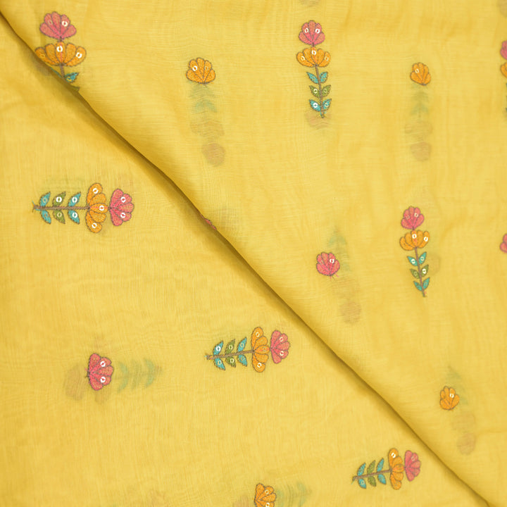 Mustard Yellow mul chanderi Embroidered Floral Buti Fabric.