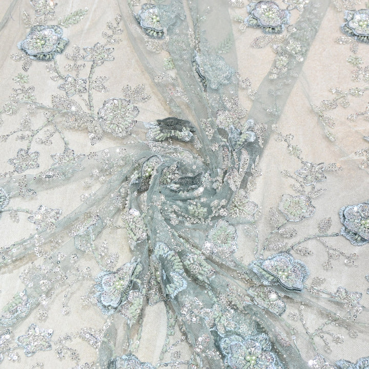 Imported Net Embroidery Fabric with 3D Floral Embroidery with Sequins, Beads, Cutdana & Pearl Detailing 60" | AF6901-03