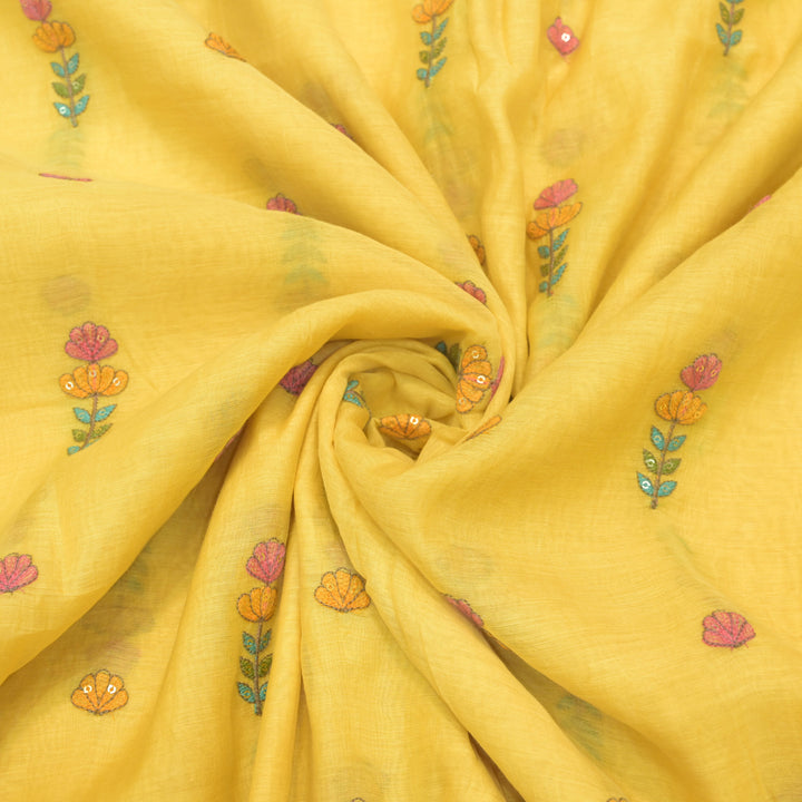 Mustard Yellow mul chanderi Embroidered Floral Buti Fabric.