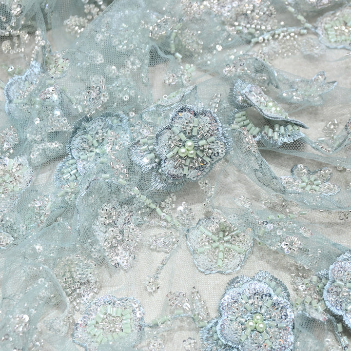 Imported Net Embroidery Fabric with 3D Floral Embroidery with Sequins, Beads, Cutdana & Pearl Detailing 60" | AF6901-03