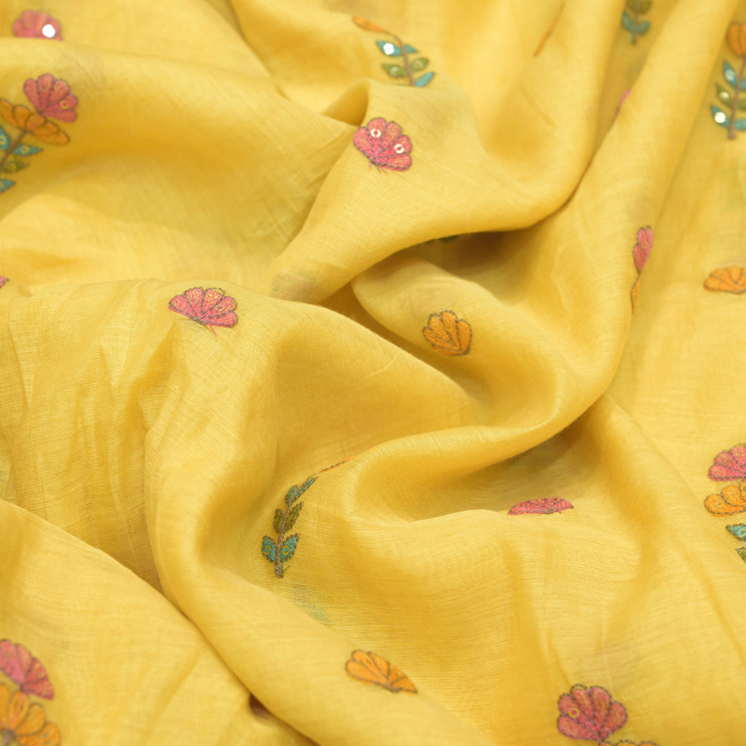 Mustard Yellow mul chanderi Embroidered Floral Buti Fabric.