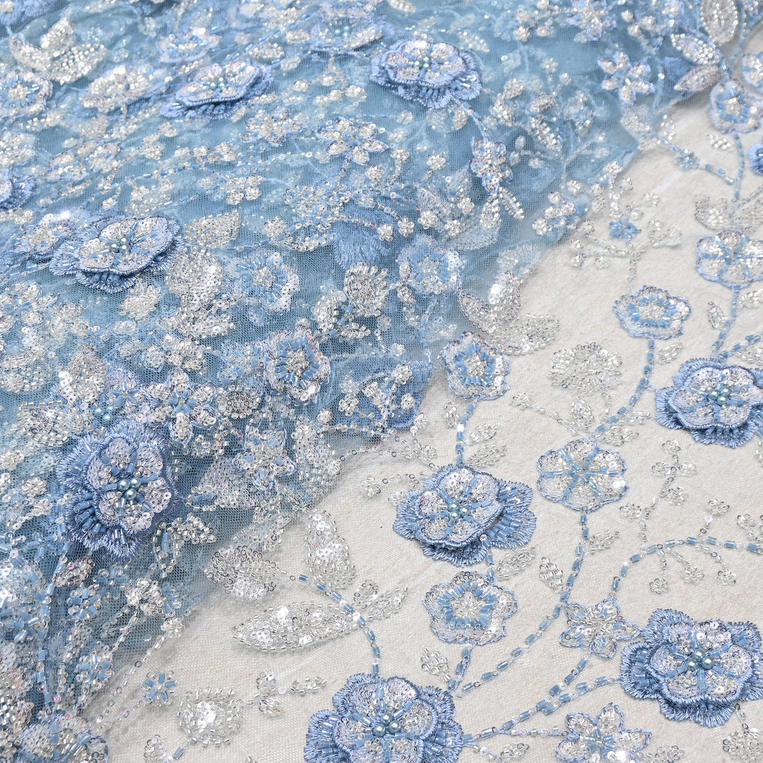 Imported Net Embroidery Fabric with 3D Floral Embroidery with Sequins, Beads, Cutdana & Pearl Detailing 60" | AF6901-04