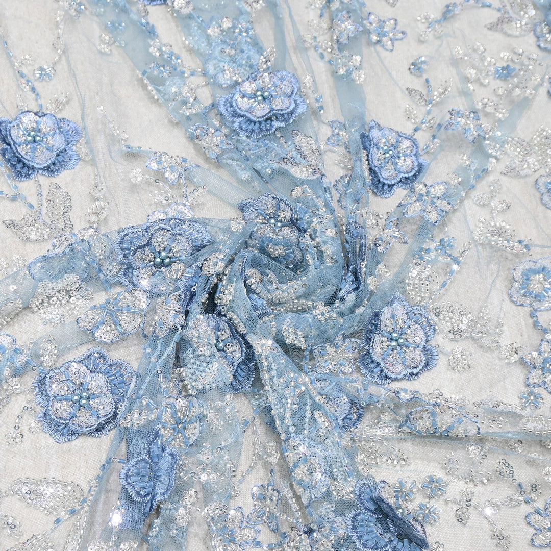 Imported Net Embroidery Fabric with 3D Floral Embroidery with Sequins, Beads, Cutdana & Pearl Detailing 60" | AF6901-04