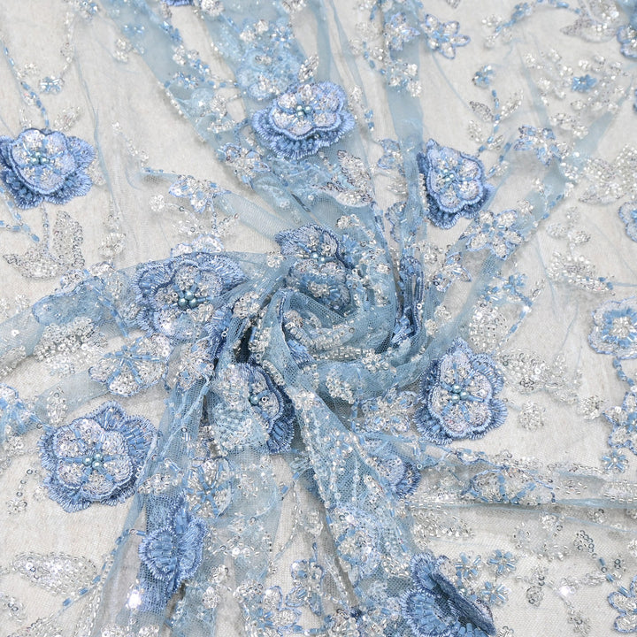 Imported Net Embroidery Fabric with 3D Floral Embroidery with Sequins, Beads, Cutdana & Pearl Detailing 60" | AF6901-04
