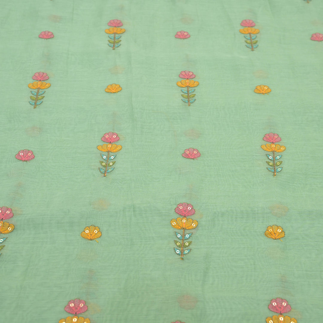 Mint green mul chanderi Embroidered Floral Buti Fabric.