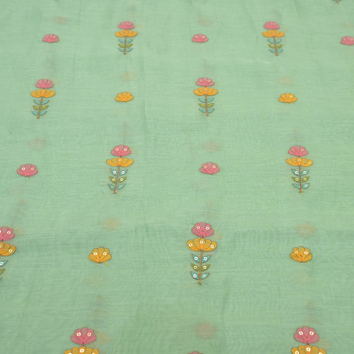 Mint green mul chanderi Embroidered Floral Buti Fabric.