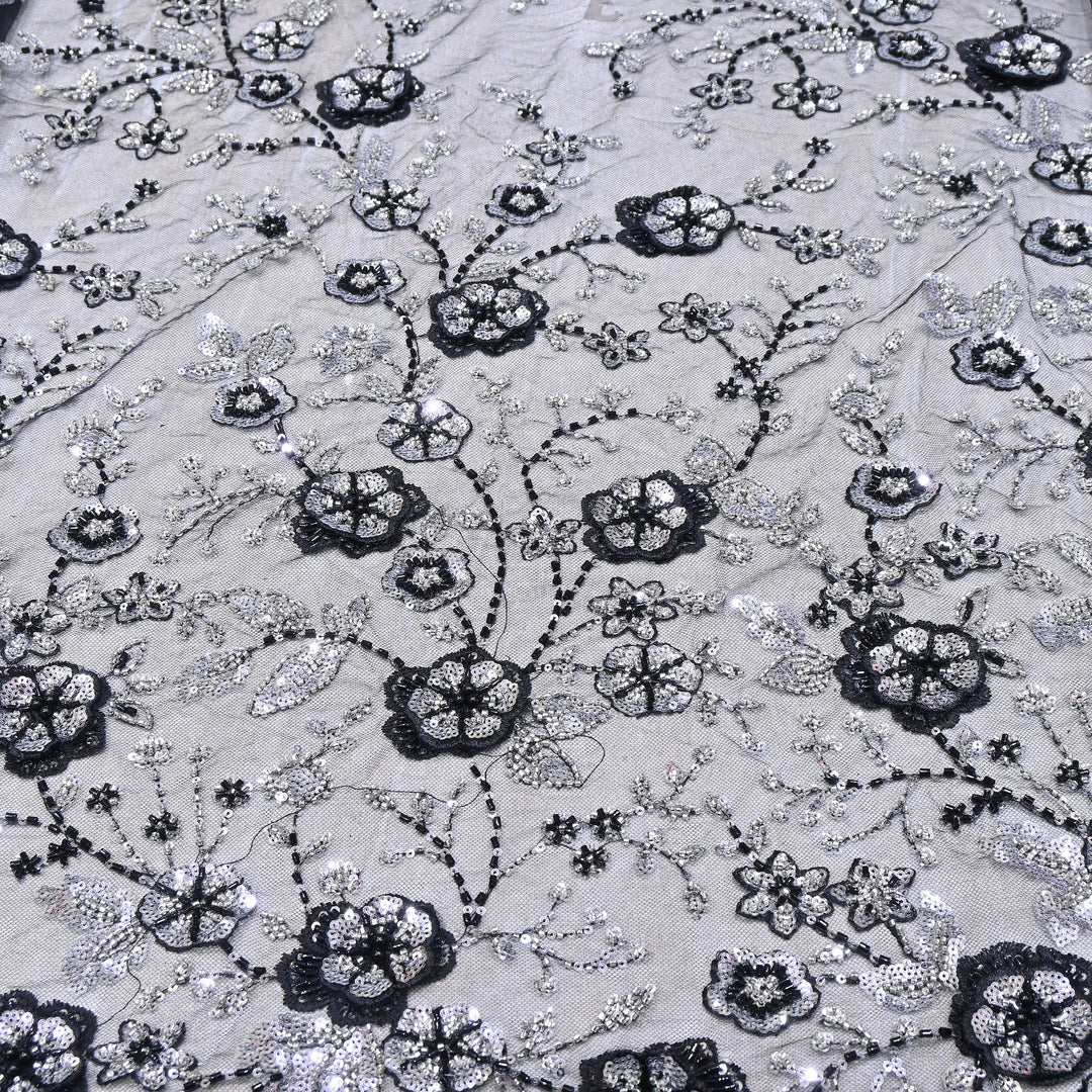 Imported Net Embroidery Fabric with 3D Floral Embroidery with Sequins, Beads, Cutdana & Pearl Detailing 60" | AF6901-05