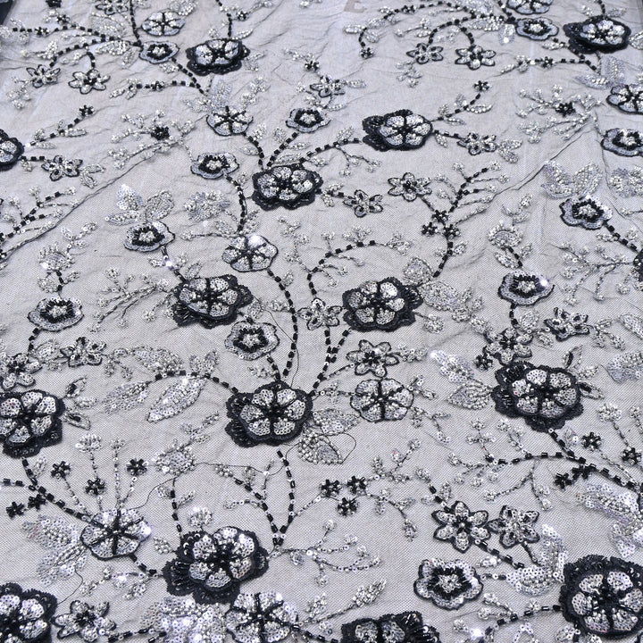 Imported Net Embroidery Fabric with 3D Floral Embroidery with Sequins, Beads, Cutdana & Pearl Detailing 60" | AF6901-05