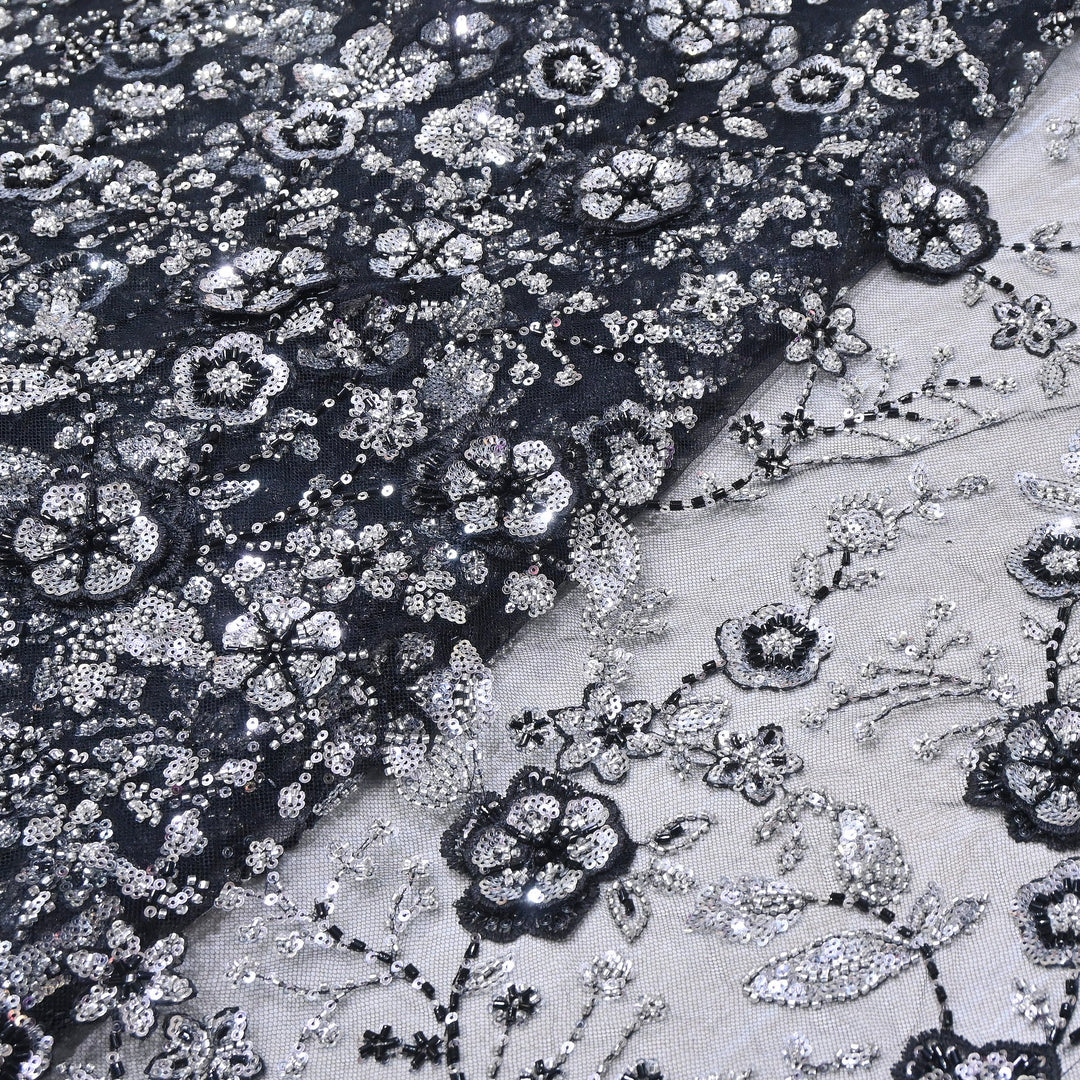 Imported Net Embroidery Fabric with 3D Floral Embroidery with Sequins, Beads, Cutdana & Pearl Detailing 60" | AF6901-05